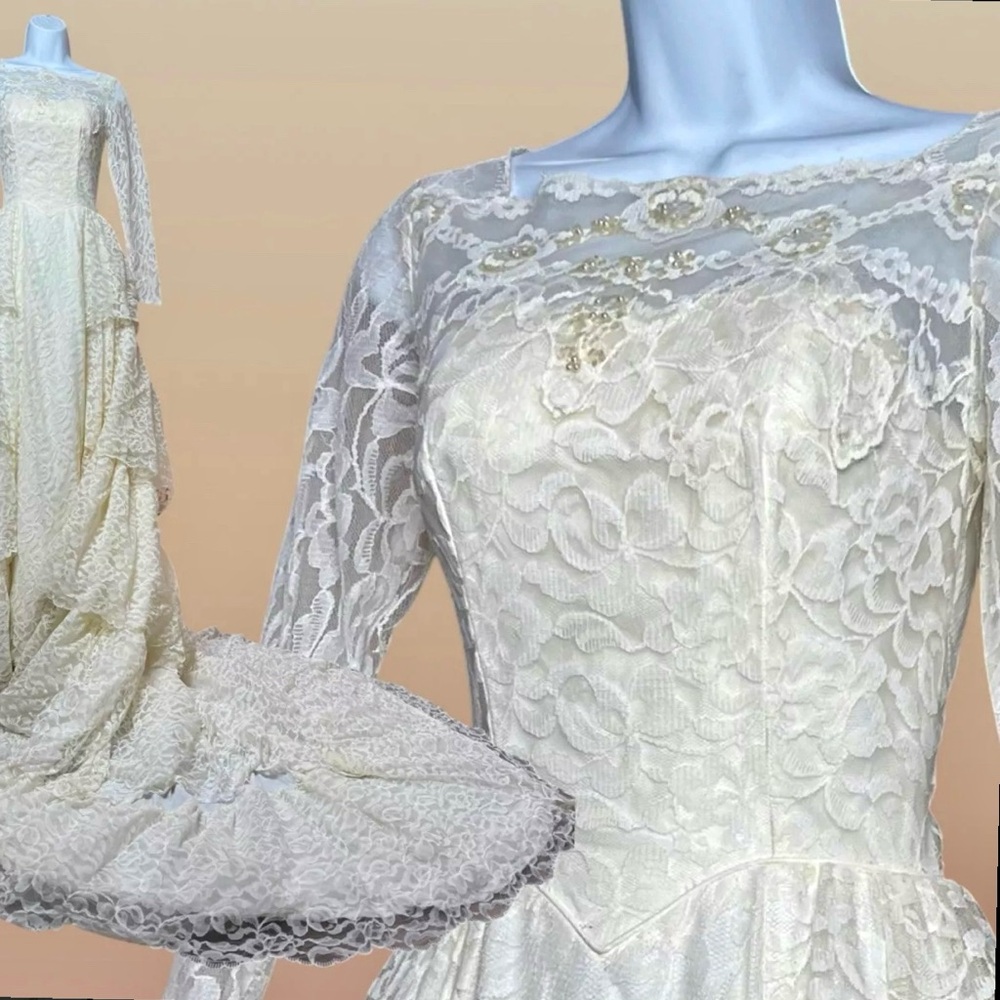 1950’s Vintage Elegant Ivory Lace Wedding Gown w/ Tiered Cathedral Train